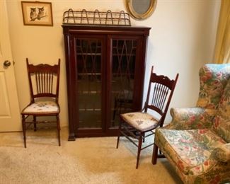 ANTIQUE BOOK CASE AND ANTIQUE CHAIRS