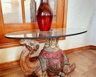 Camel  side table with glass top
