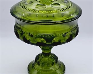 Indian glass Green kings crown thumbprint candy dish 