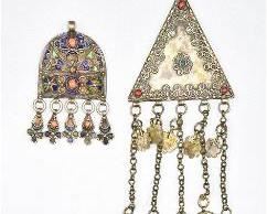 Two Old Moroccan Silver Berber Enamel and Glass Pendants
