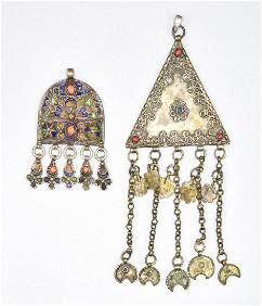 Two Old Moroccan Silver Berber Enamel and Glass Pendants
