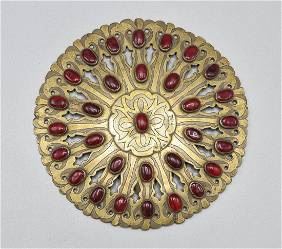 Large Antique Turkmen Round Pectoral Gilt Silver Pendant
