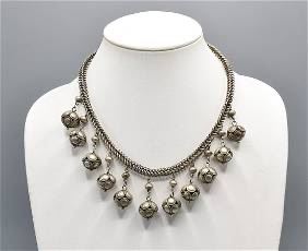 Fine Indian Naga Silver Bell Necklace with Square Chain Links
