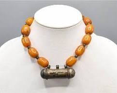 Silver Hirz Prayer Box Pendant on Bakelite Amber Bead Choker Necklace
