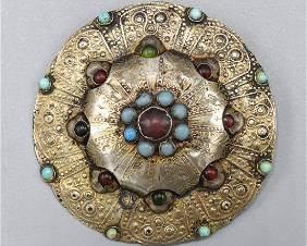 Antique Tibet Silver and Stones Round Brooch Pendant
