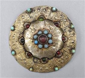 Antique Tibet Silver and Stones Round Brooch Pendant
