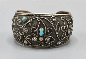 Rajasthani Silver and Glass Turquoise Cuff Bracelet
