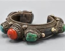 Antique Silver Bhutanese Himalayan Dobchu Bracelet with Coral and Turquoise
