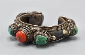 Antique Silver Bhutanese Himalayan Dobchu Bracelet with Coral and Turquoise
