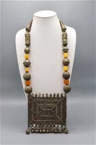 Old Omani Silver Alloy Amulet Box Hirz Bakelite Necklace
