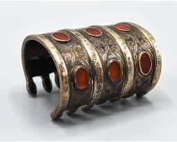 Antique Turkmen Tekke Silver and Red Glass Wide Cuff Bracelet
