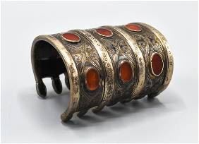 Antique Turkmen Tekke Silver and Red Glass Wide Cuff Bracelet

