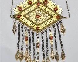 Old Turkmen Silver and Red Glass Pendant Necklace
