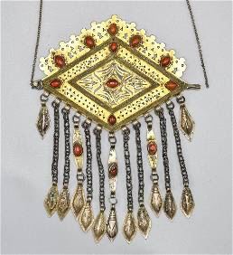Old Turkmen Silver and Red Glass Pendant Necklace

