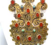 Antique Turkmen Silver and Red Glass Pendant Necklace