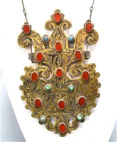 Antique Turkmen Silver and Red Glass Pendant Necklace
