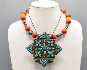 Antique Tibetan Silver Turquoise Gau Box on Coral Dzi Bead Necklace
