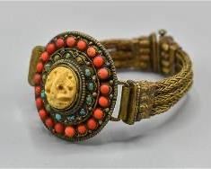 Vintage Brass Tibet Turquoise and Coral Cabochon Mesh Bracelet
