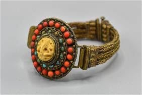 Vintage Brass Tibet Turquoise and Coral Cabochon Mesh Bracelet
