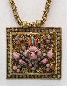 Vintage Tibet Brass Gau Amulet Pendant Necklace
