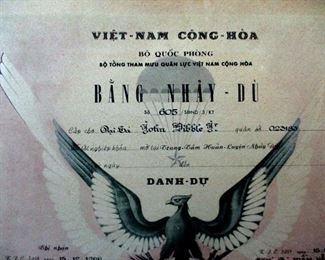 Communist Free Vietnam. Certificate of appreciation issued to (misspelled John Dibble) by South Vietnamese President in 1966.