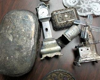 Sterling Silver  Brush, tall clock, windmill, filigree box, small box