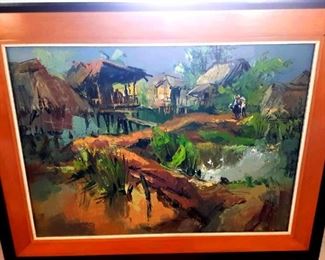 Original Oil Painting of Vietnamese Village with solid teak frame. Large