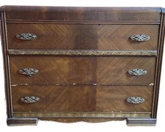 3 drawer wooden dresser with metal pull handles