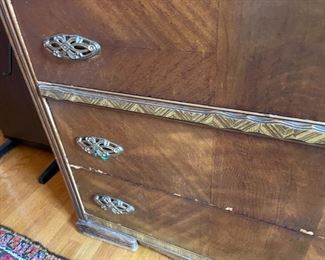 3 drawer wooden dresser with metal pull handles