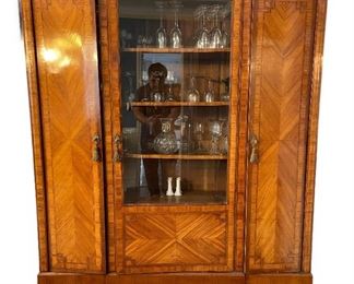 Wood and glass china cabinet 3 door with ornate handles