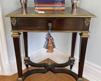 Wooden carved checker play table desk, one drawer with tapered leg