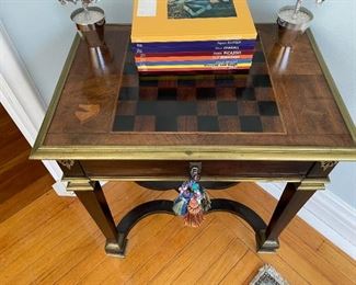 Wooden carved checker play table desk, one drawer with tapered leg