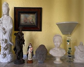 White porcelain Asian statue
Bronze female statue
Mother and child religious figurine 
Stone head figure
Female head and chest statue
Galileo Thermometer Glass Floating Colored w/ Weights
Pieta Mary & Jesus white statue 