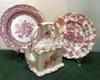 assorted red floral china