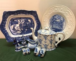 assorted blue willow style china and delft 