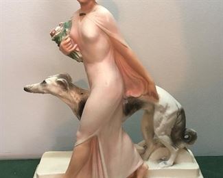 art deco lady with dog statue - unmarked