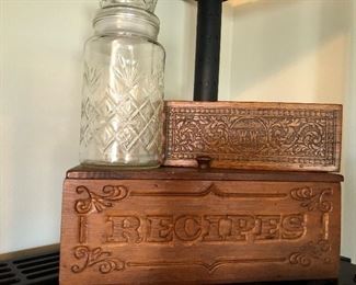 Vintage recipe box, Wheeler & Wilson sewing machine box with parts