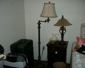 vintage floor and table lamps, nite table, luggage