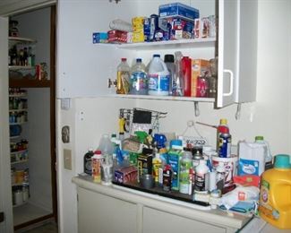 lots of cleaning supplies, foil, wrap, canning jars
