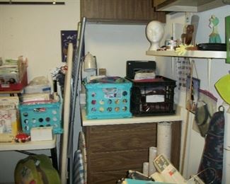 fabric, ironing boards, sewing tools of the trade