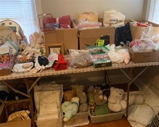 Sewing notions, patterns, material, stuffed animals, purses, gloves, scarves, hankies, lace curtains...