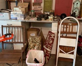 Cast iron collectibles, rugs, mid century modern chair