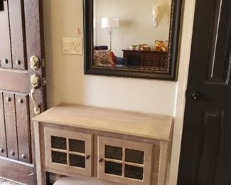 Greyish beige stand with 2 doors with windows 36x30