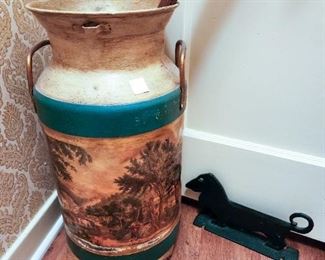 Antique milk pail and cast iron dachshund shoe scraper Front hall
