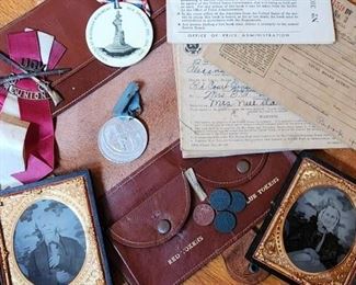 WWII ration books with tokens, UCV reunion pin and token (1903}, unveiling of the McDonogh Monument (NOLA 1898) daguerreotypes