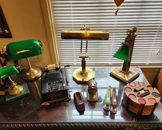Bankers lamps, vintage Remington adding machine, vintage office items, bakelite poker chips, Office