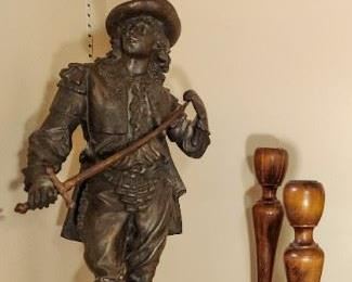 Speltre statues, turned wood candlesticks, Royal Doulton pitcher. 