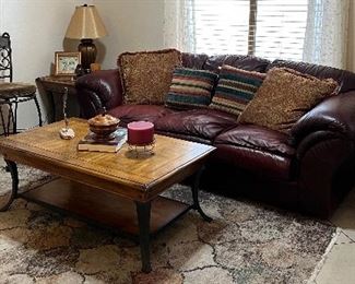 Sofa, Coffee Table and 2 End Tables + 1 Extra End Table, Area Rug, Swivel Bar Stools pr, Table Lamps pr