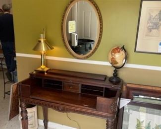 Antique desk, mirror, lamps