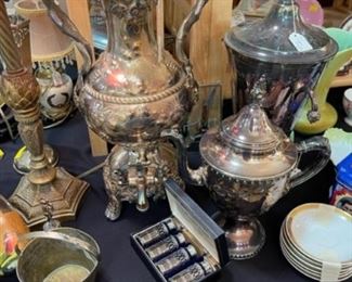Victorian silver plated carafes and servers
